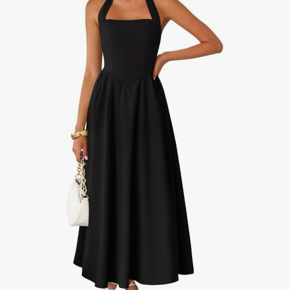 Black Halter Midi Dress with Pockets